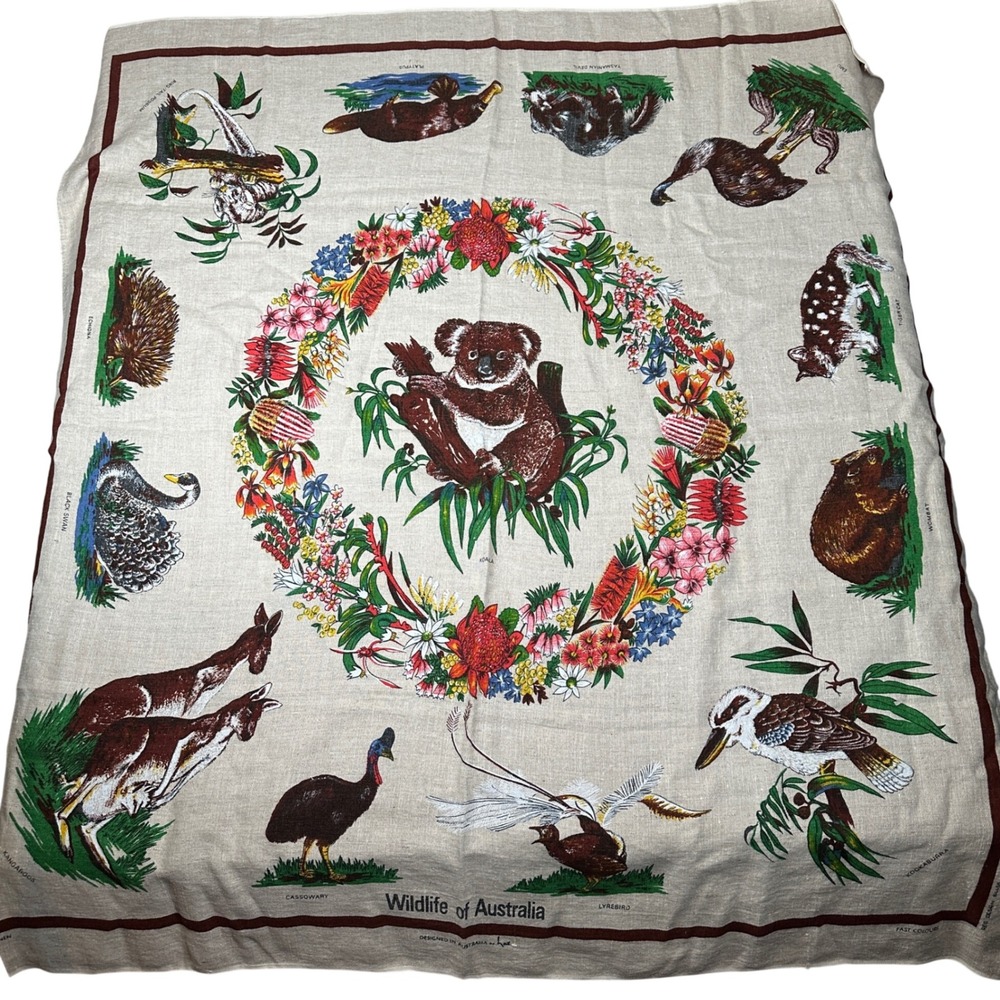 Vintage Wildlife of Australia Pure Linen Table Cloth Wall Hanging Koala Kangaroo